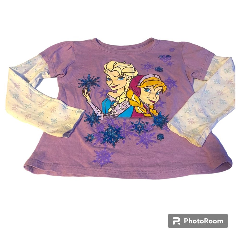Disney Frozen long sleeve Anna‎ and Elsa Girls T Shirt sparkly snowflakes sz 5